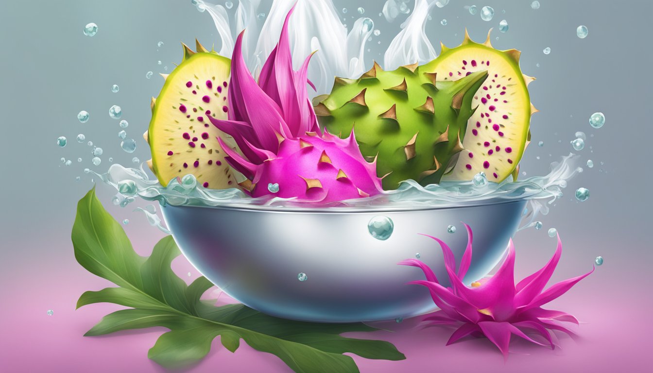 A pot of boiling water with fresh dragon fruit being submerged