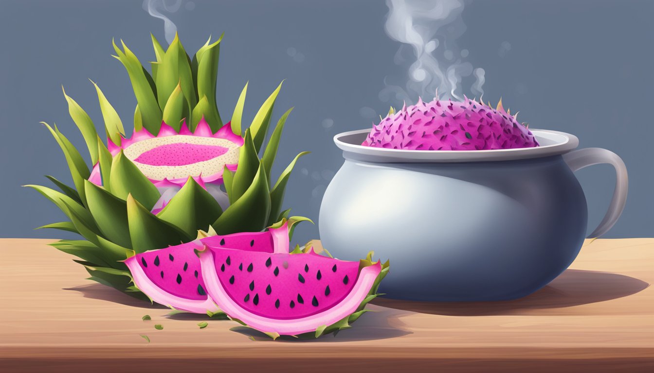 A pot of boiling water with a whole fresh dragon fruit next to it