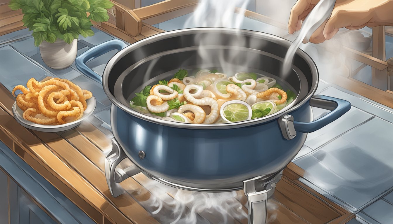 A pot of boiling water with fresh calamari being dropped in