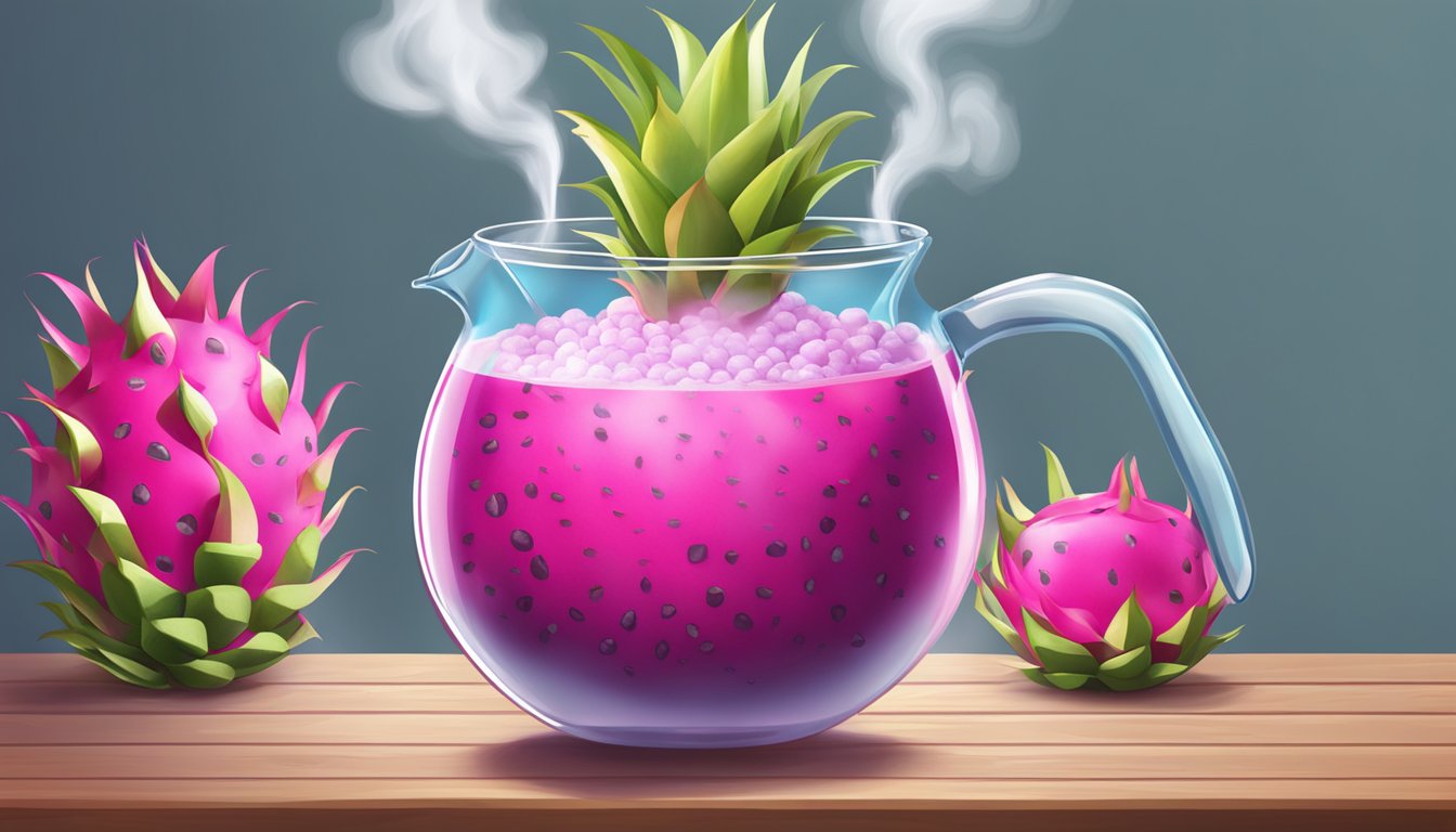 A pot of boiling water with fresh dragon fruit inside, steam rising