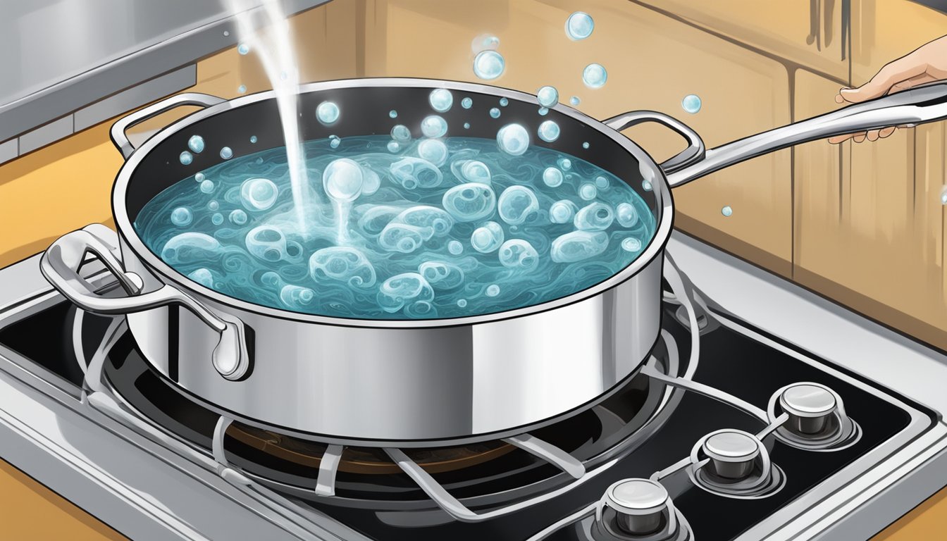 A pot of water on a stovetop, with fresh calamari being lowered in and bubbles rising to the surface as it boils