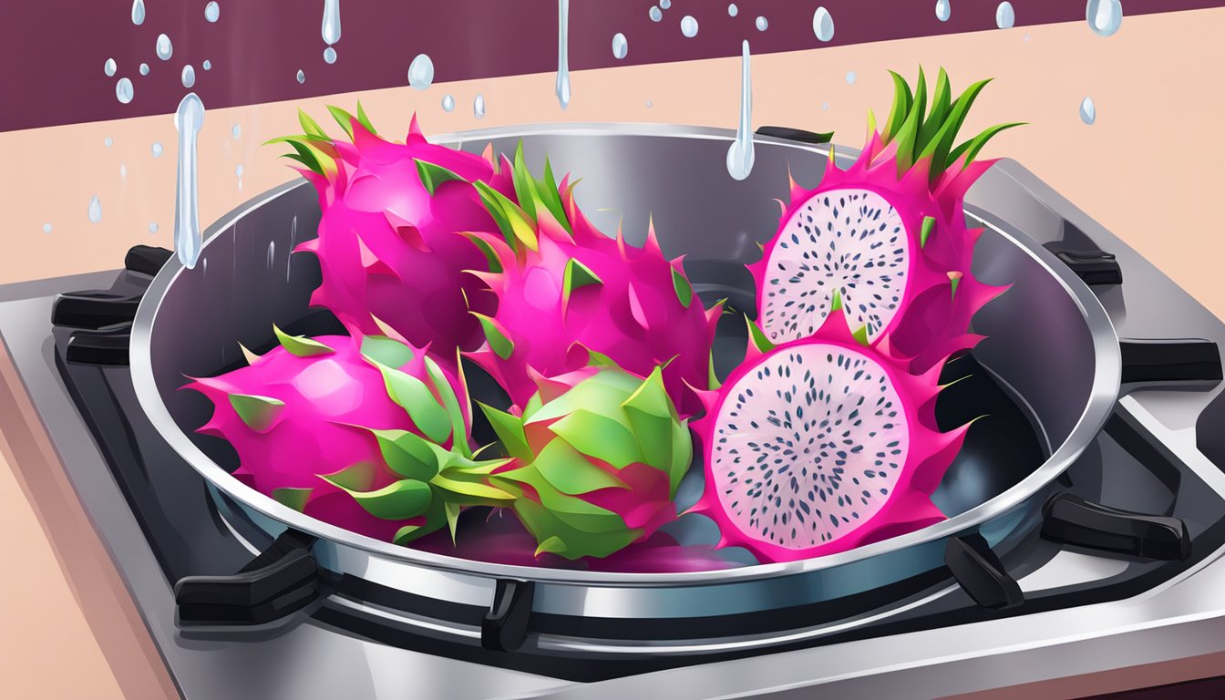 Fresh dragon fruit being boiled in a pot of water on a stovetop. Steam rises as the vibrant pink fruit softens and cooks