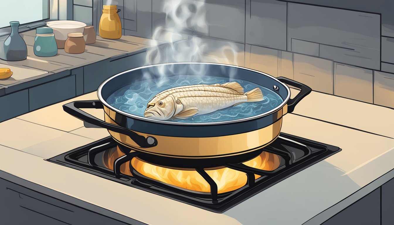 A pot of water boiling on a stove, with a fresh monkfish placed nearby