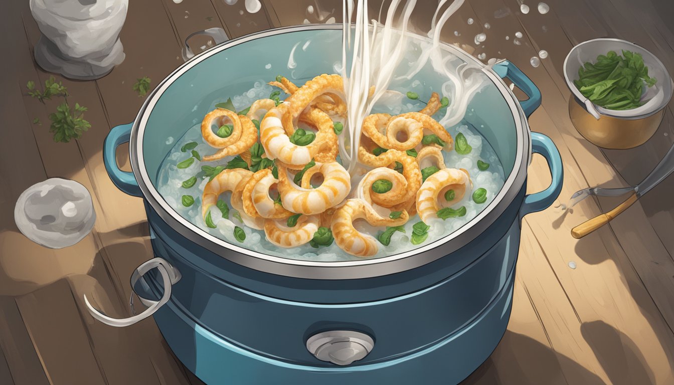 A pot of boiling water with fresh calamari being dropped in