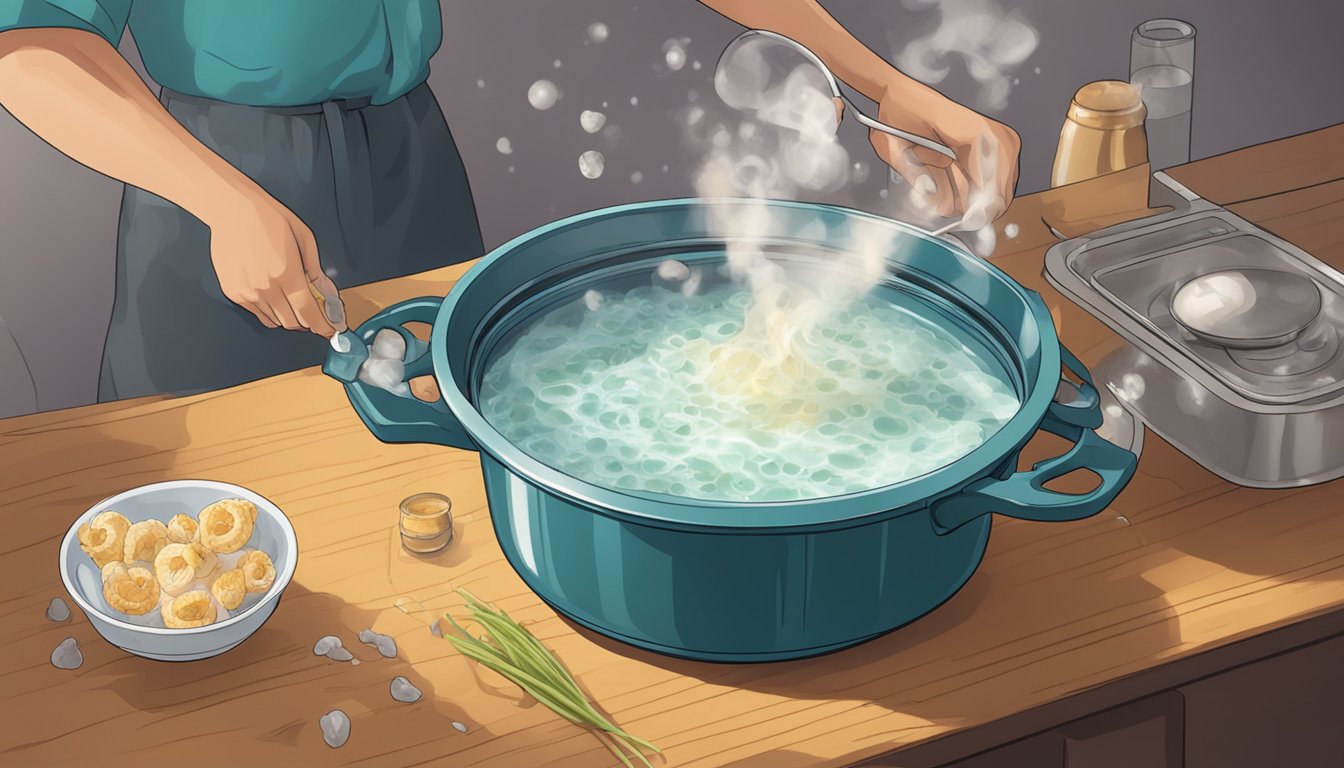 A pot of boiling water with fresh calamari being dropped in