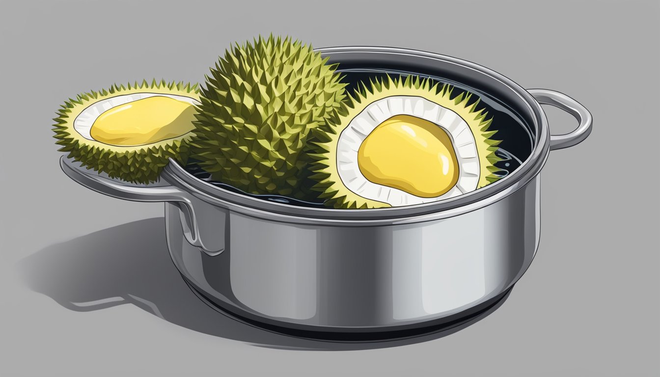 A pot of boiling water with fresh durian floating inside