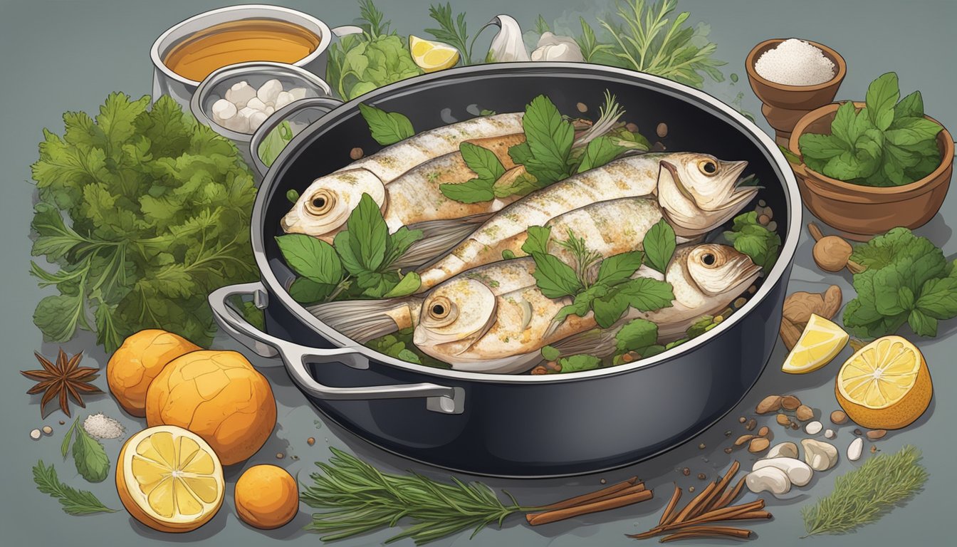 Fresh monkfish boiling in a pot on a stove, surrounded by various herbs, spices, and other ingredients for flavor enhancement and pairing