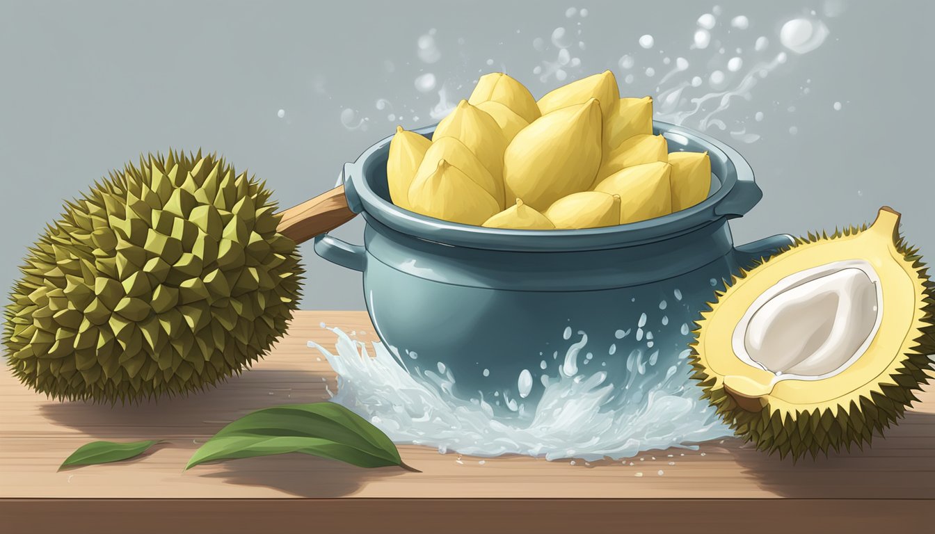 A pot of boiling water with fresh durian being dropped in