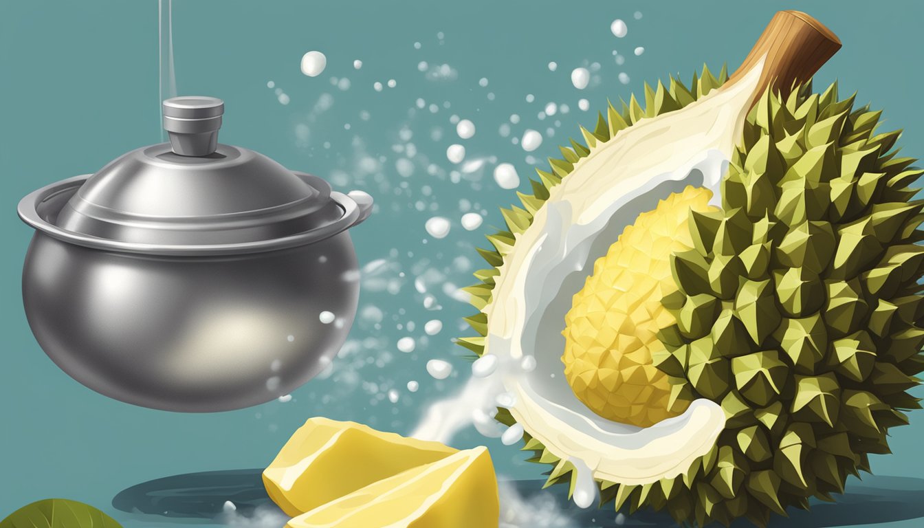 A pot of boiling water with fresh durian being dropped in