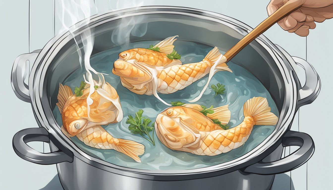 A pot of boiling water with fresh monkfish being gently lowered in