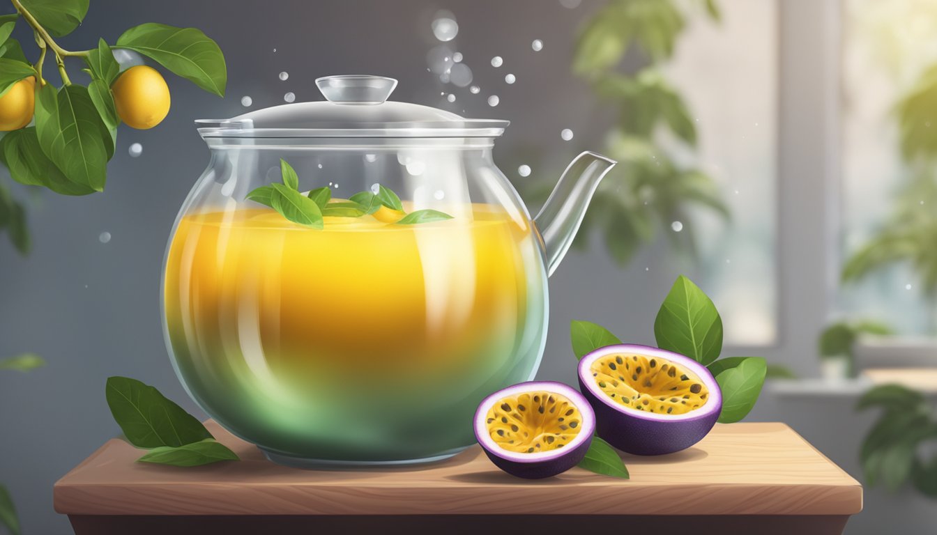 A pot of boiling water with fresh passion fruit floating inside