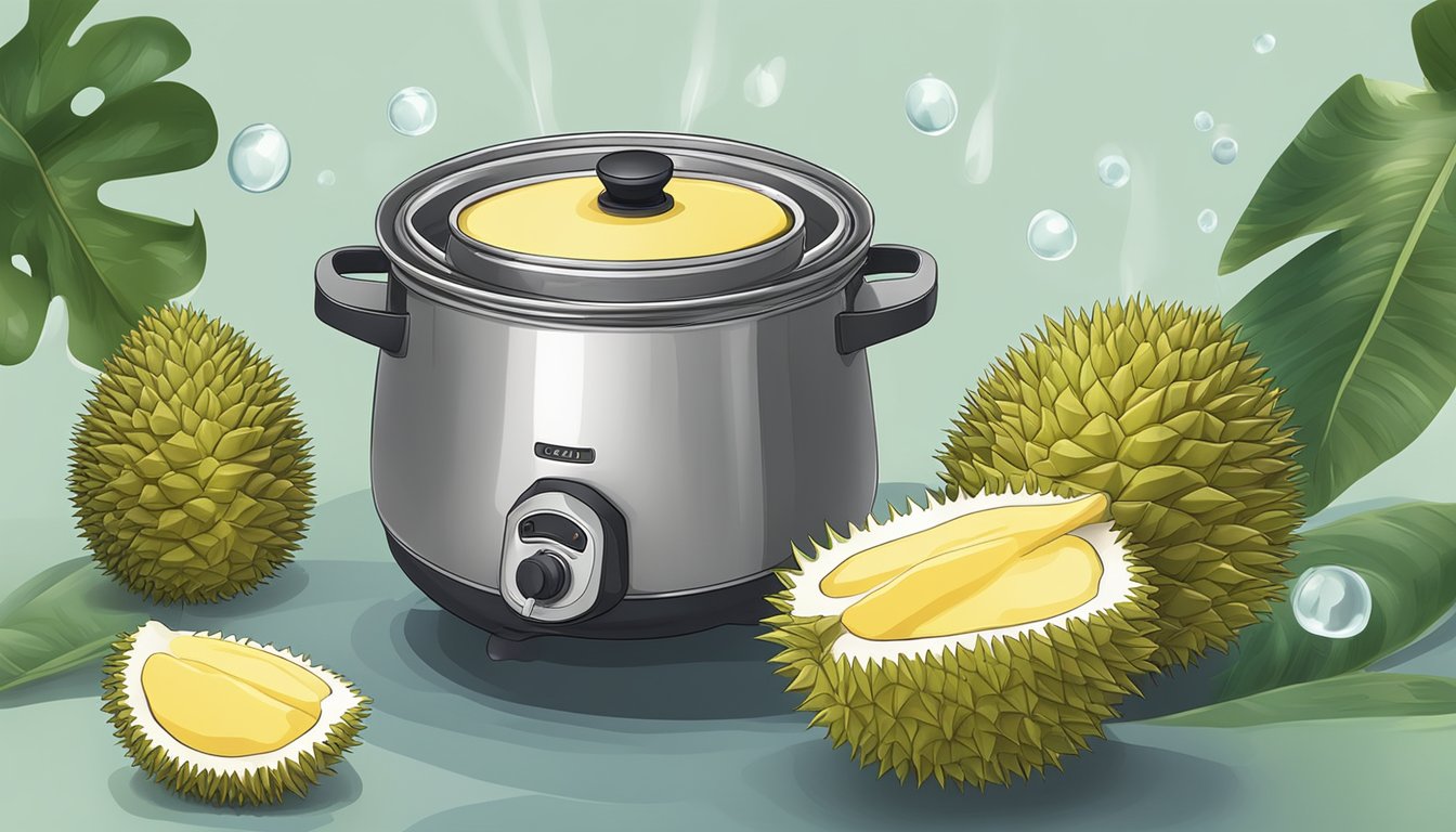 A pot of boiling water with fresh durian fruit floating inside