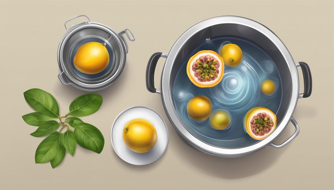 Fresh passion fruit being placed in a pot of boiling water. Timer set. Steam rising