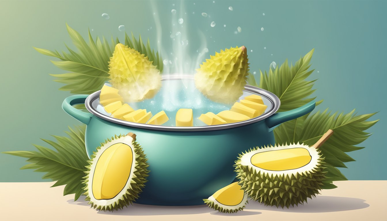 A pot of boiling water with fresh durian floating inside