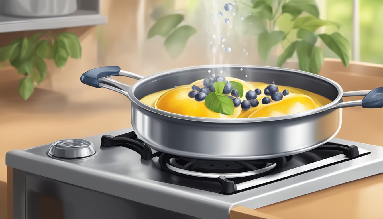 A pot of water with fresh passion fruit inside, bubbling and steaming on a stovetop