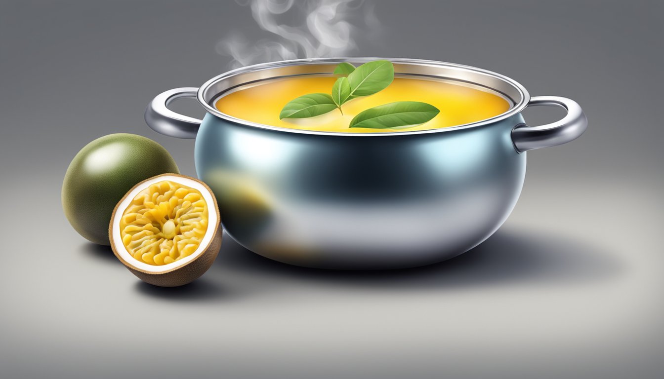 A pot of boiling water with fresh passion fruit floating inside