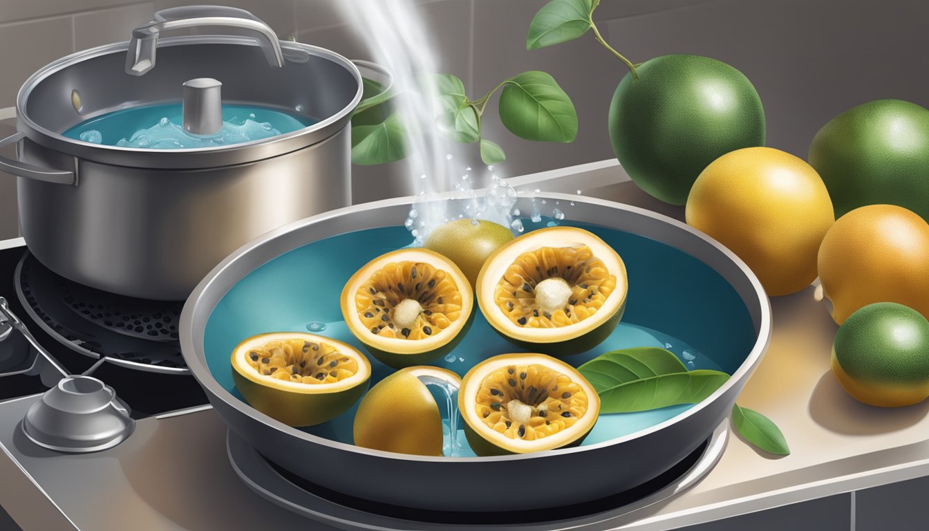 Fresh passion fruit being cut open and scooped into a pot of water on a stovetop, with steam rising as it boils