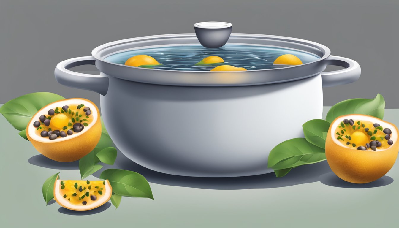 A pot of boiling water with fresh passion fruit floating inside