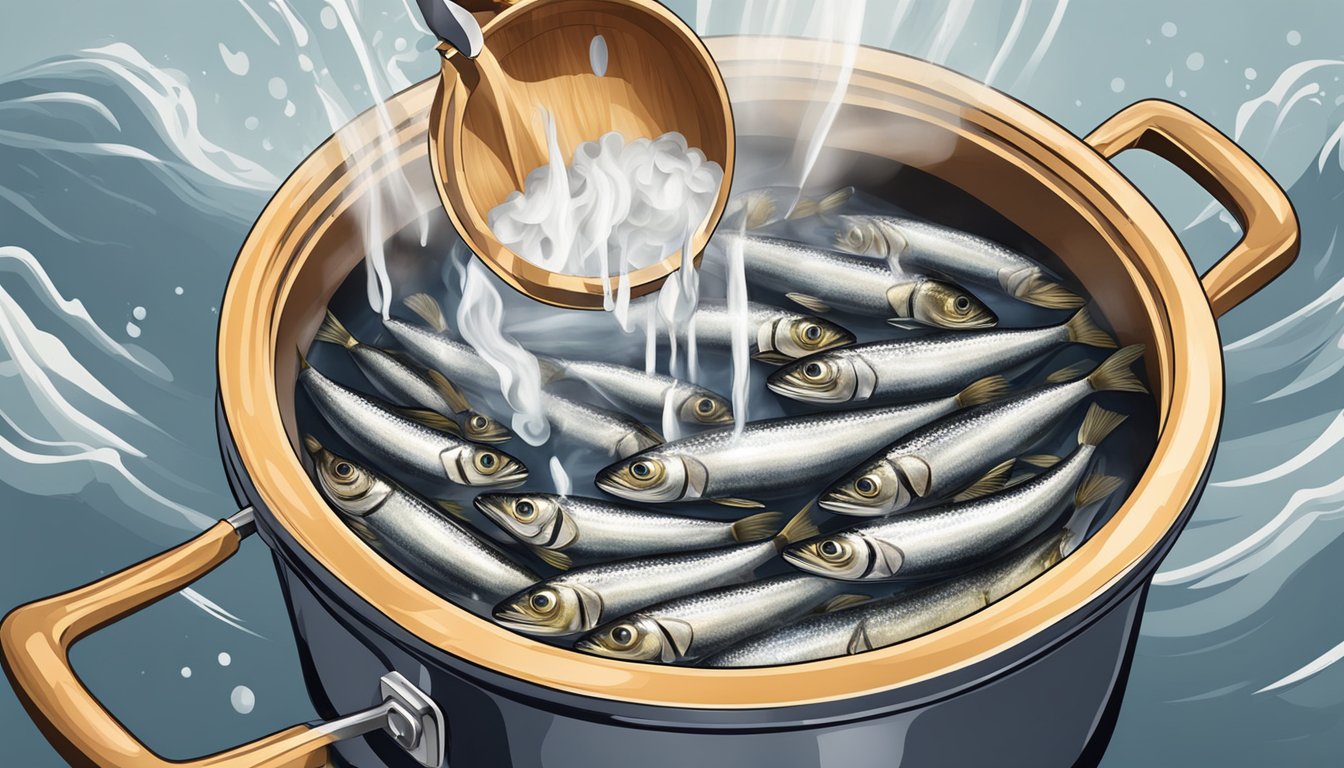 A pot of boiling water with fresh sardines being dropped in, steam rising