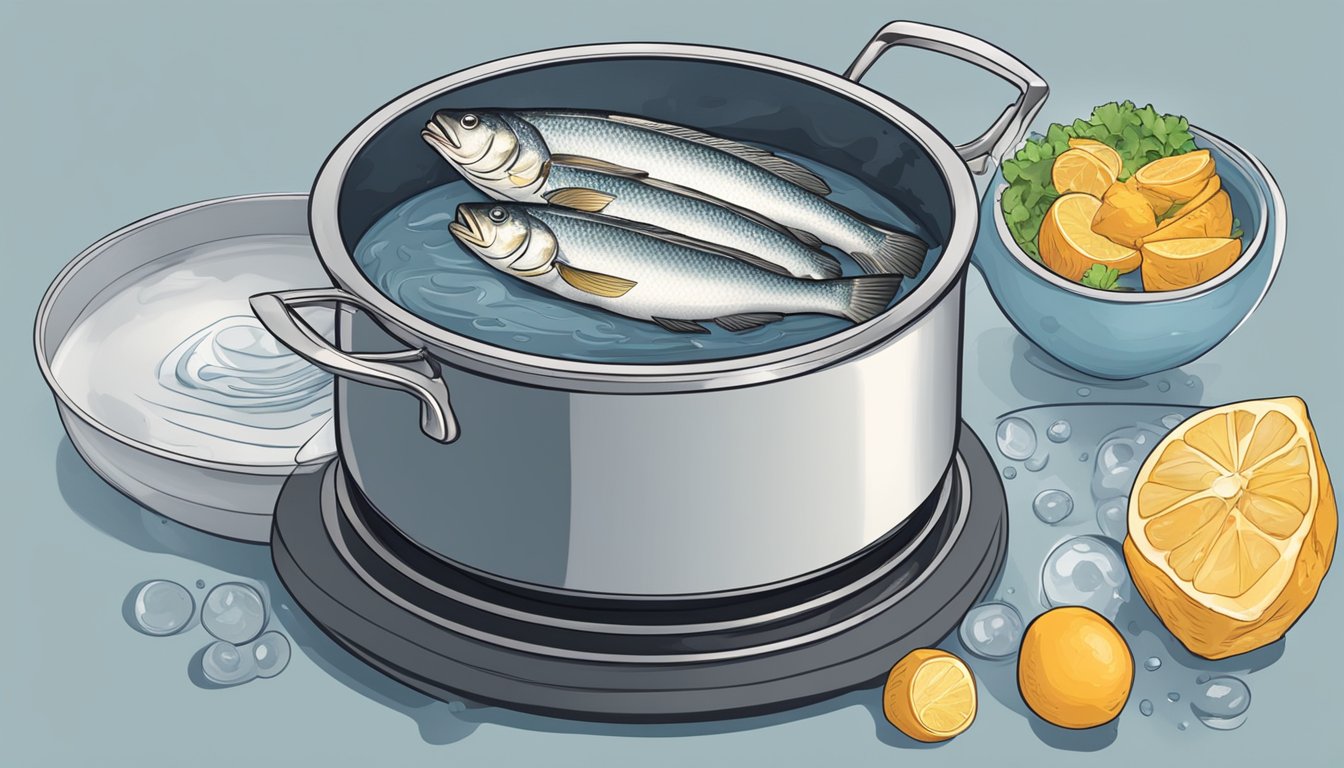 A pot of water boiling on the stove with a fresh sea bass ready to be cooked