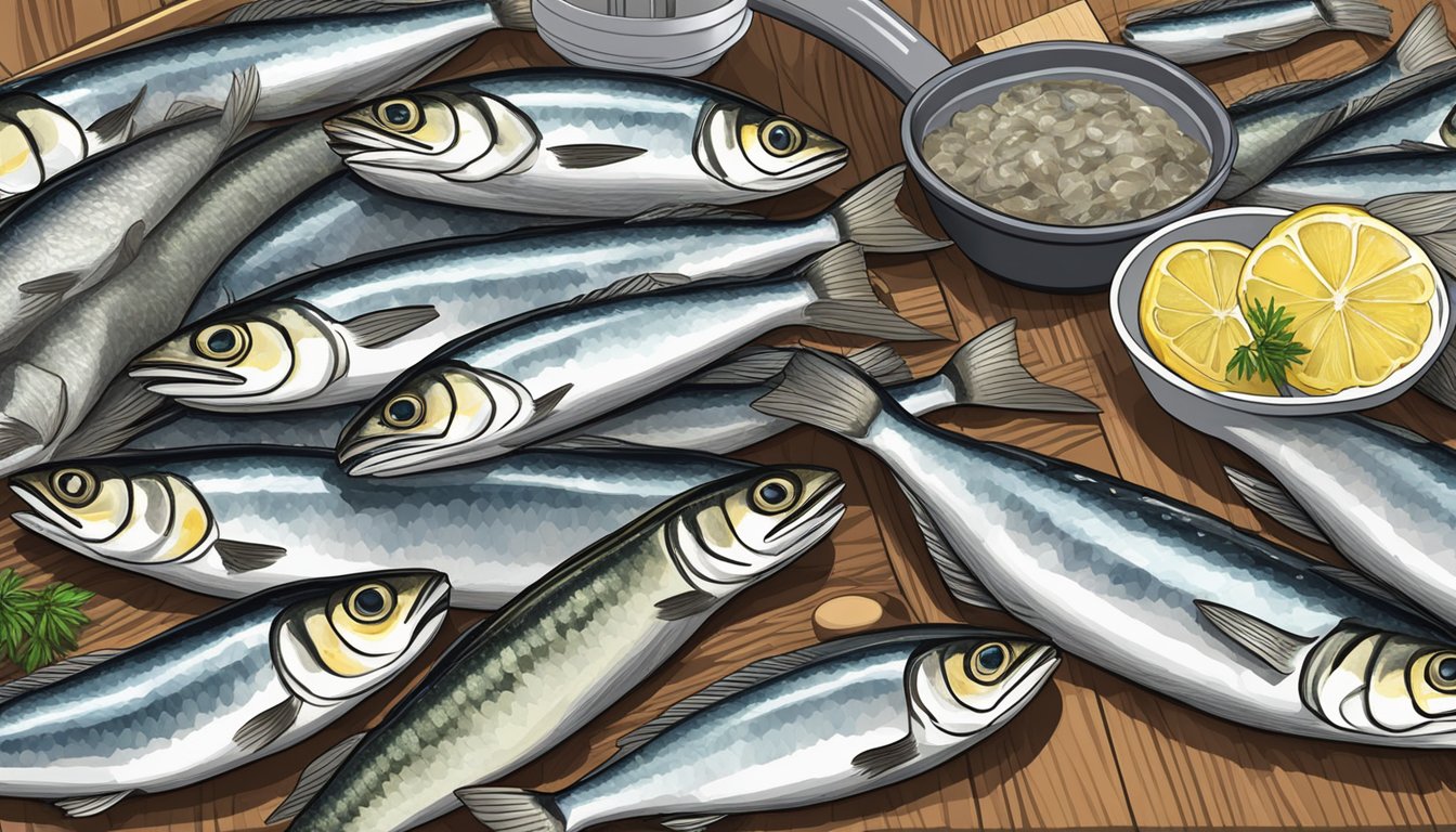 Fresh sardines being rinsed and lined up on a cutting board, with a pot of boiling water nearby