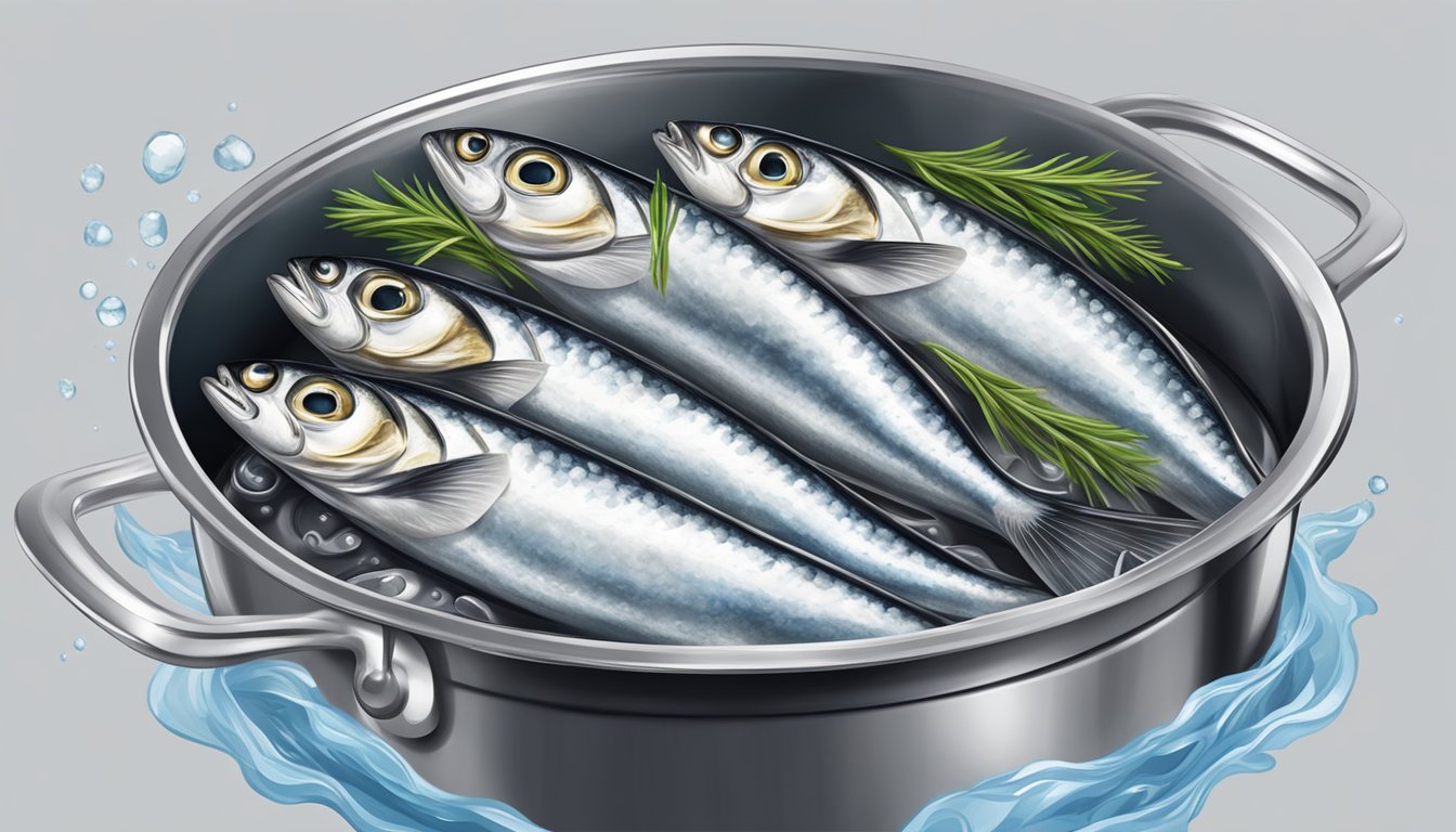 Fresh sardines boiling in a pot of water, steam rising