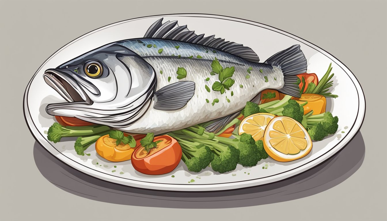 A chef carefully places a whole fresh sea bass onto a bed of colorful vegetables on a white plate. The dish is garnished with fresh herbs and drizzled with a flavorful sauce