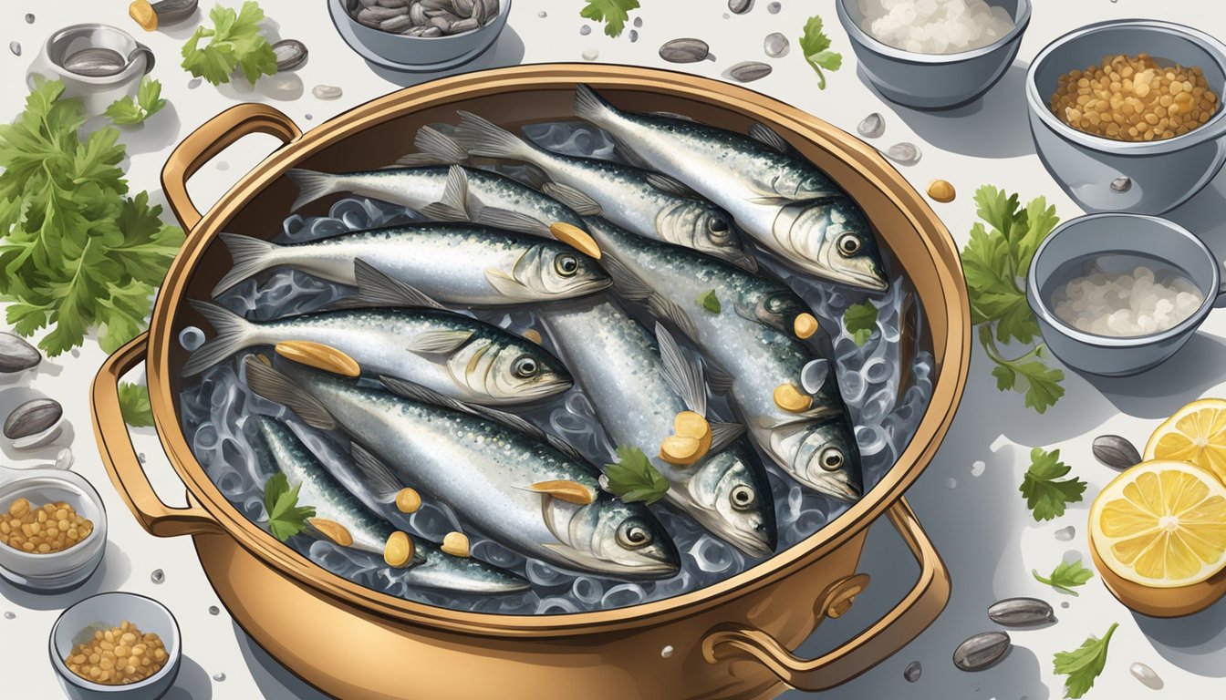 A pot of boiling water with fresh sardines floating and flavoring ingredients scattered around