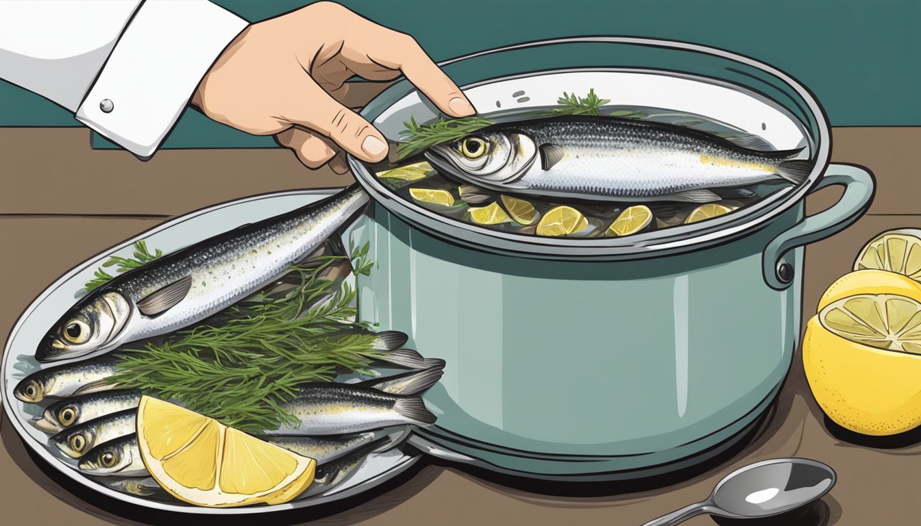 A pot of boiling water with fresh sardines being added. A chef's hand holding a spoon to stir the water. Lemon slices and herbs nearby