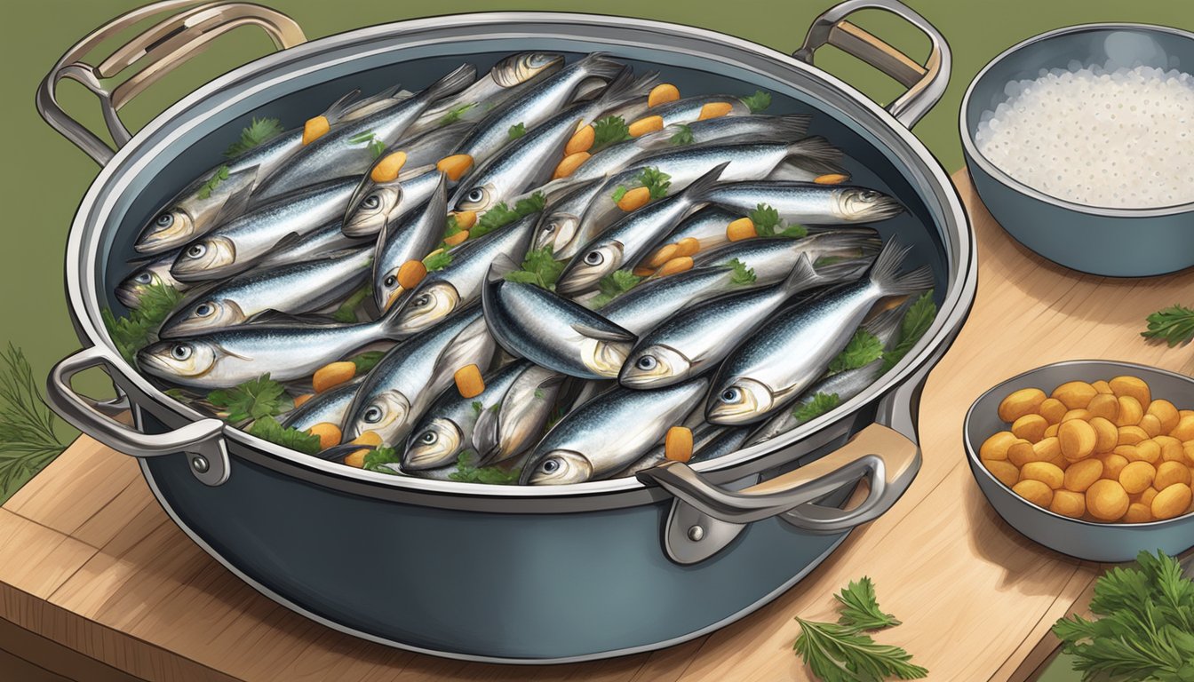 A pot of boiling water with fresh sardines being added