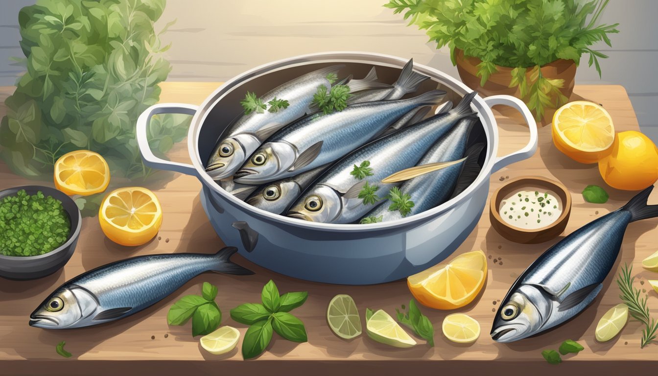 Fresh sardines boiling in a pot of water, surrounded by various herbs and spices. A timer sits nearby, indicating the required cooking time for optimal nutritional value