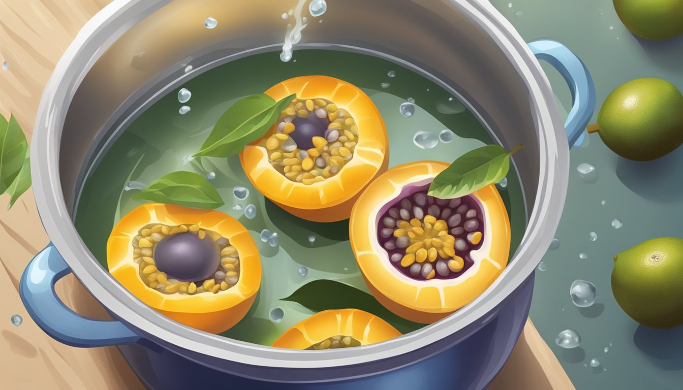 A pot of boiling water with fresh passion fruit floating on the surface