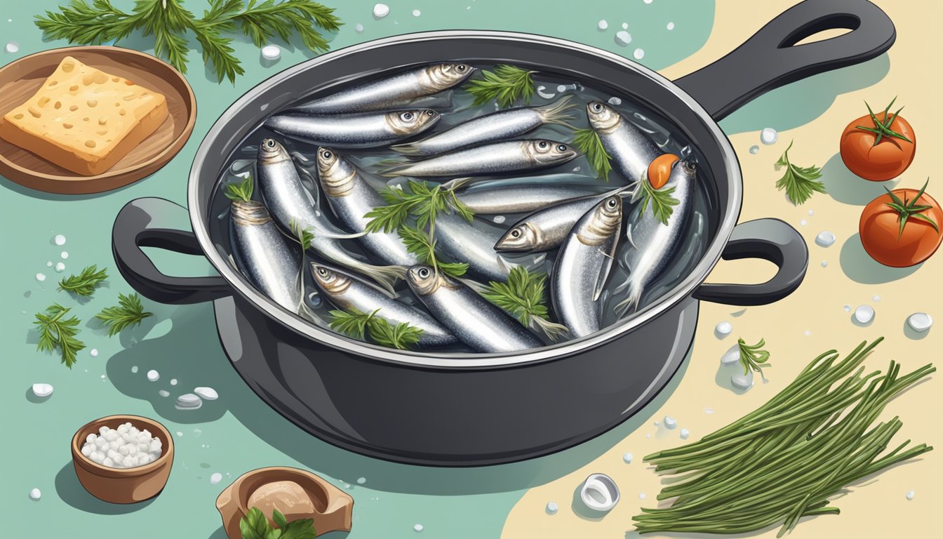 Fresh anchovies boiling in a pot of water, releasing their aroma as steam rises, surrounded by ingredients for pastes and pizzas