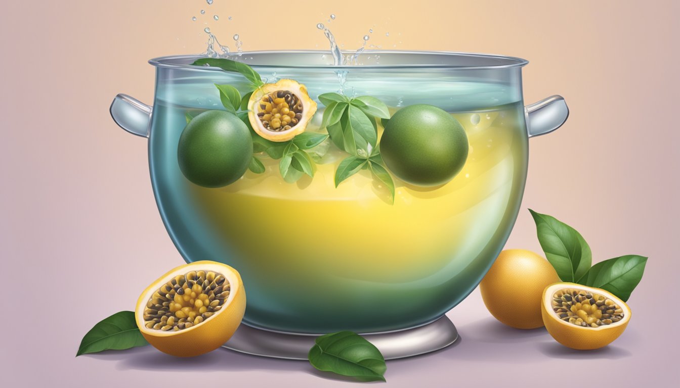 A pot of boiling water with fresh passion fruit floating inside