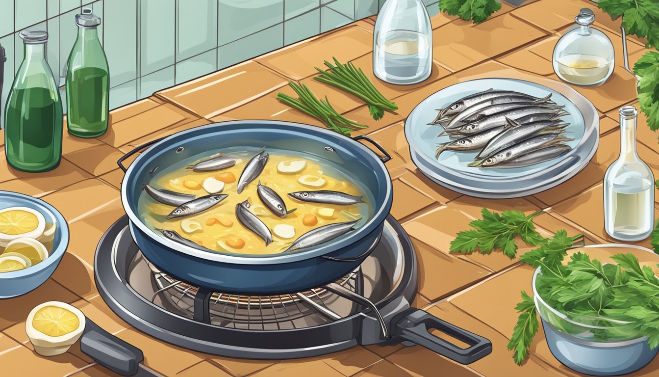 Fresh anchovies boiling in a pot of water on a stove. Timer set for the recommended time. Ingredients for pastes and pizzas laid out nearby