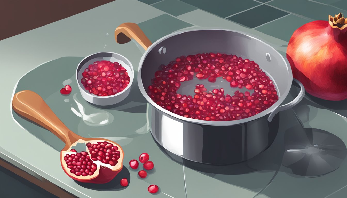 Pomegranate seeds simmering in a pot of water, with a timer set nearby. A ladle and a strainer sit on the counter