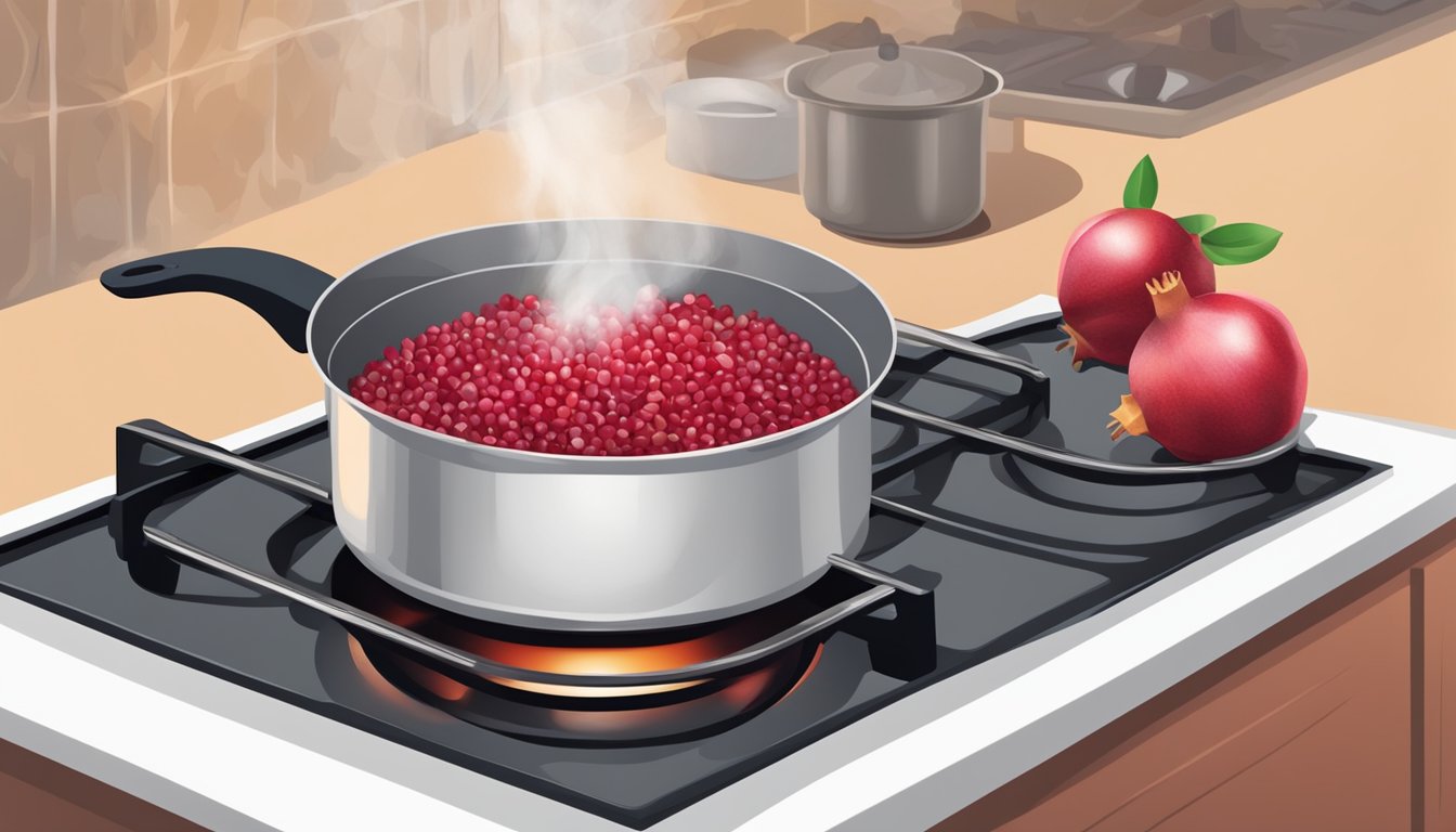 Fresh pomegranate seeds boiling in a pot on a stove