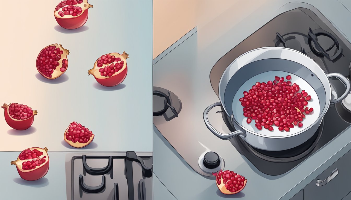 Pomegranate seeds simmering in a pot of boiling water on a stovetop