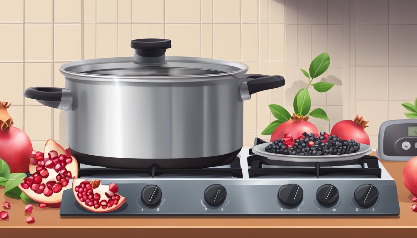 Fresh pomegranate seeds boiling in a pot of water on a stove, with a timer set nearby for measuring the cooking time