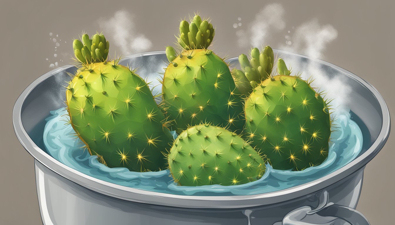 Prickly pears in a pot of boiling water, steam rising