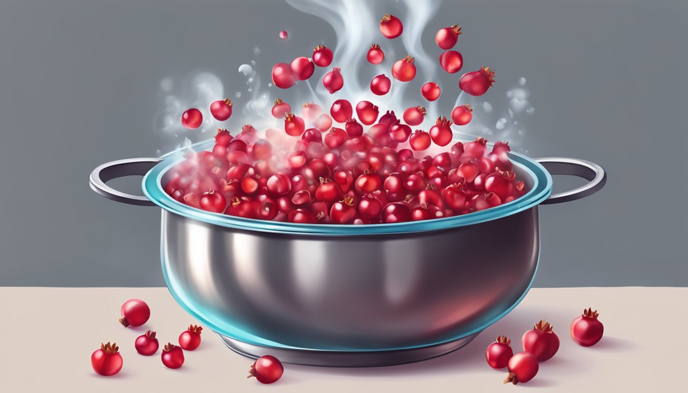 Pomegranate seeds boiling in a pot, releasing their vibrant red color and sweet aroma, with steam rising above the bubbling syrup