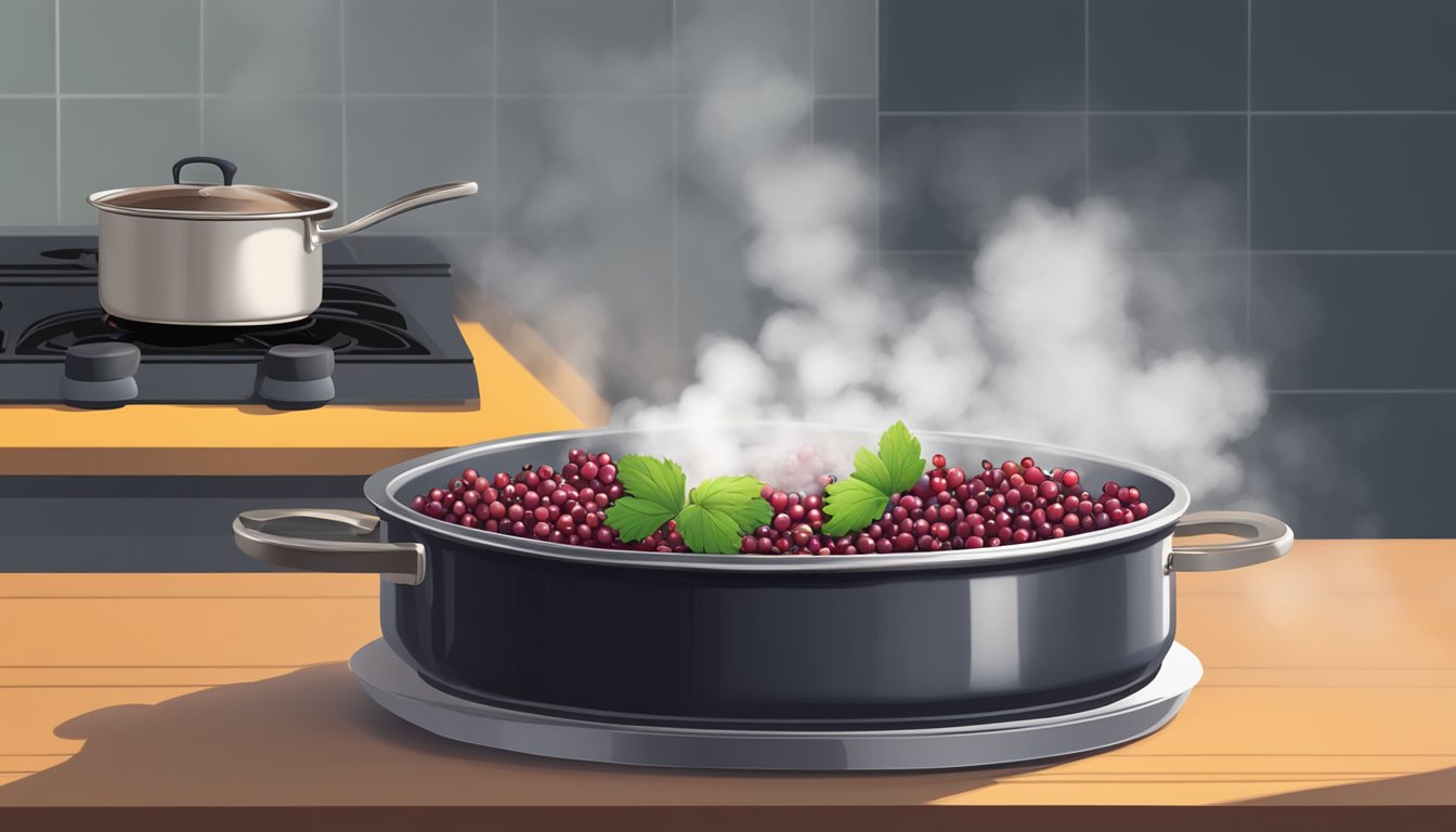 Fresh currants in a pot on a stove, surrounded by steam, as they boil