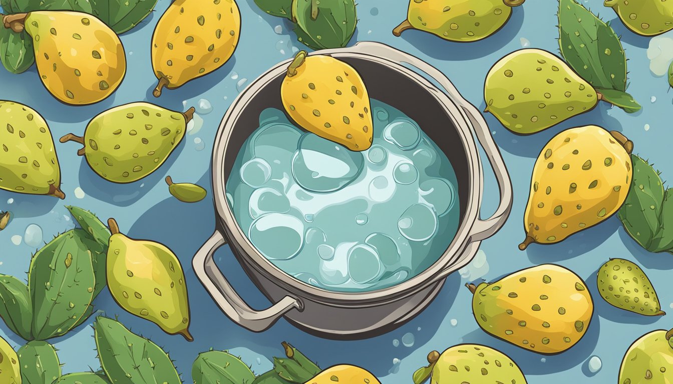 A pot of boiling water with fresh prickly pears being dropped in