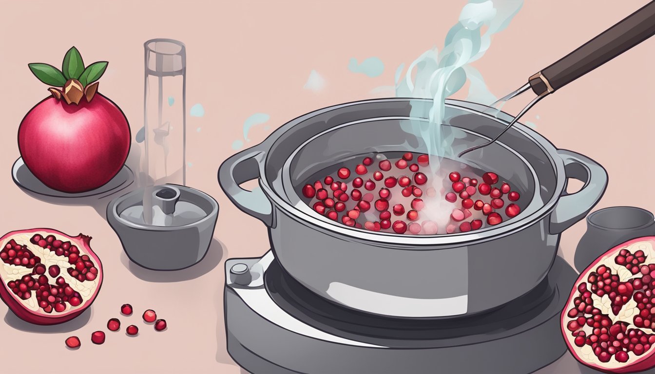 A pot of boiling water with fresh pomegranate seeds being added