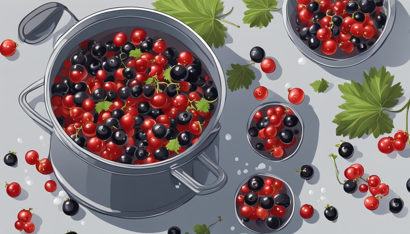 Fresh currants being washed and placed in a pot of boiling water