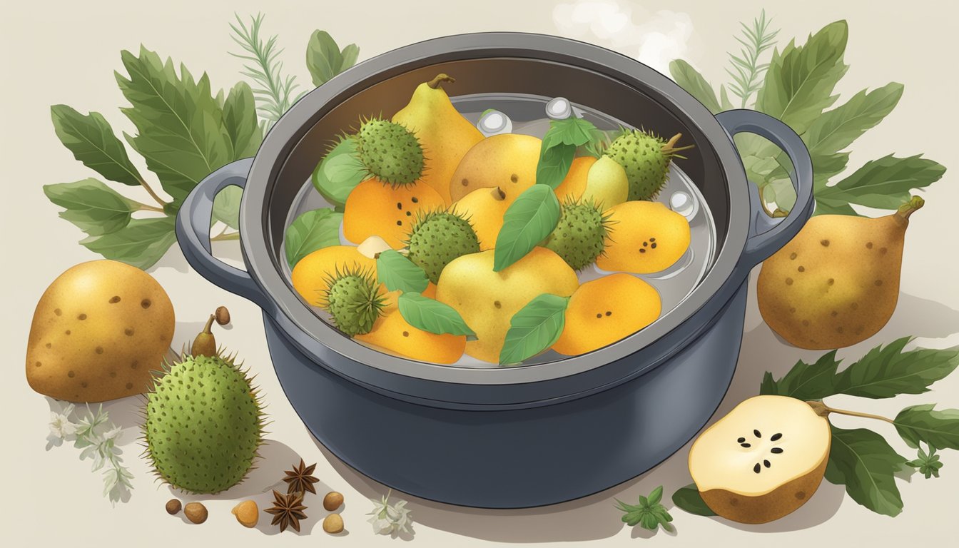 A pot of boiling water with fresh prickly pears floating inside, surrounded by various flavor pairings and enhancements like herbs and spices