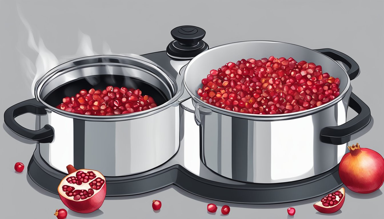 Fresh pomegranate seeds boiling in a pot of syrup on a stovetop