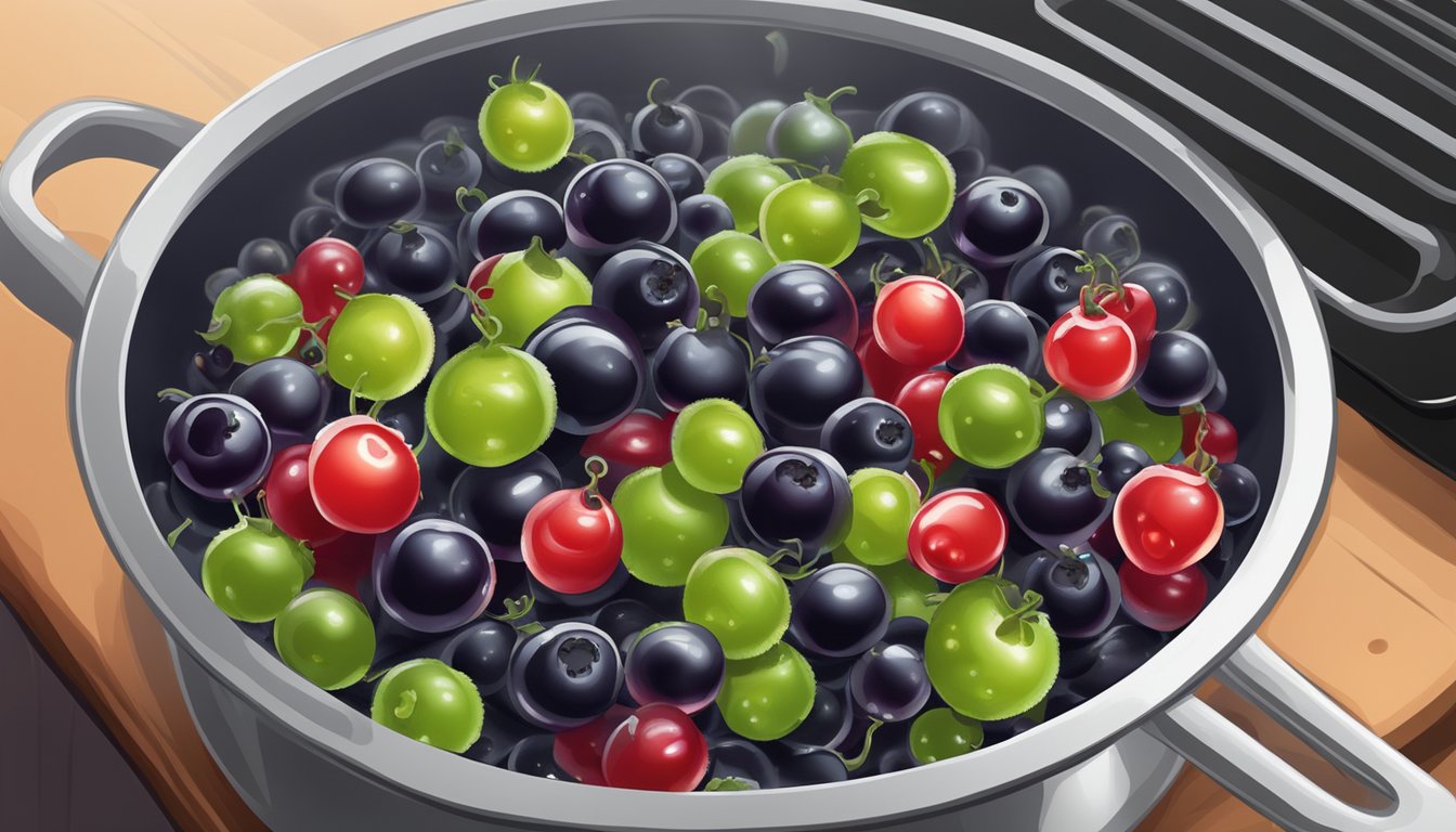 Fresh currants bubbling in a pot of boiling water on a stovetop