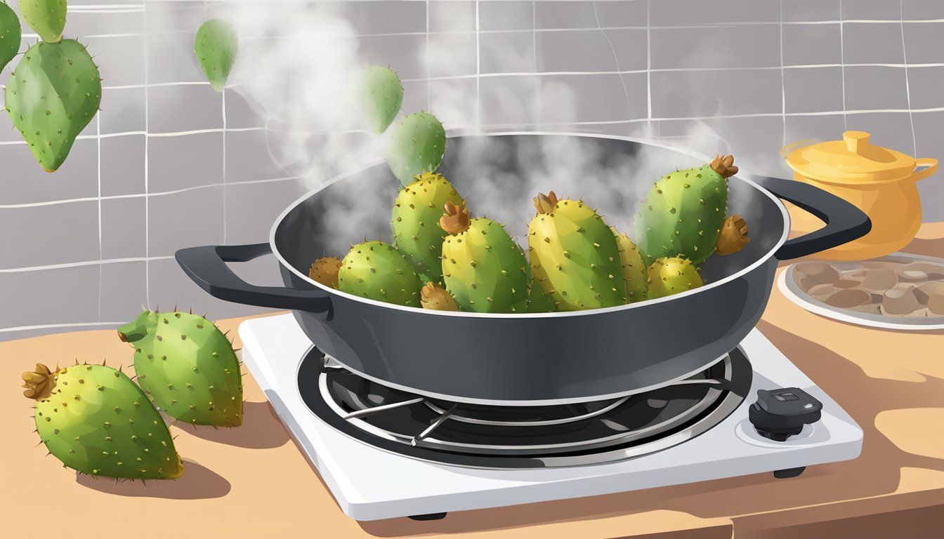 Fresh prickly pears boiling in a pot on a stove, steam rising, timer set for 10 minutes, a bowl and strainer ready for draining