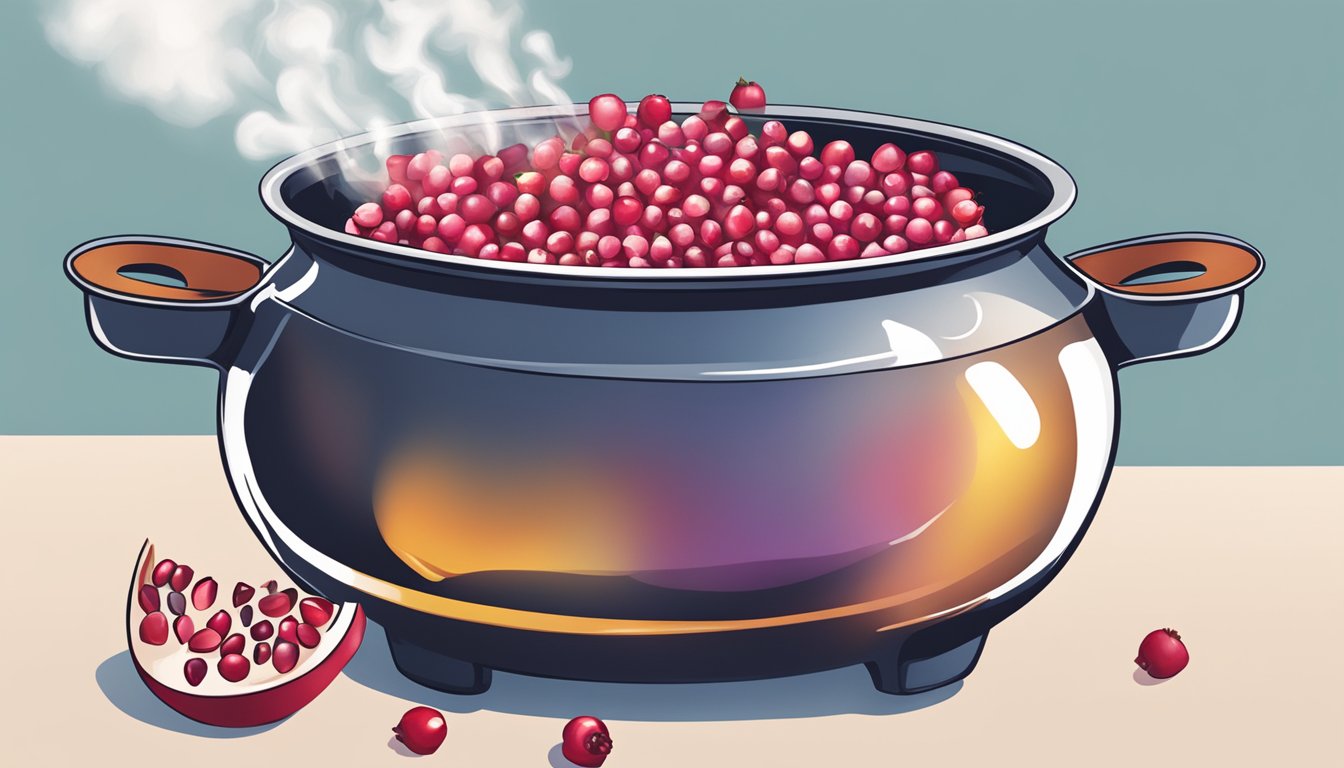 A pot of boiling water with fresh pomegranate seeds being added